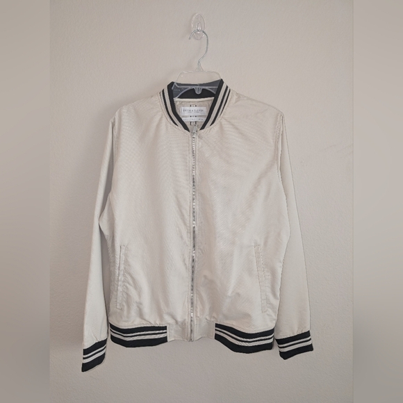 Denim & Flower Ricky Singh Jacket Womens Large Ivory Zip Up Bomber Elastic Band - Picture 1 of 16